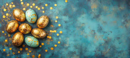 Group of Gold, Teal, and Pastel Blue Easter Eggs with Gold Confetti on Blue Backgroundの素材