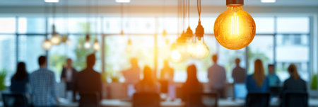 Blurry Business Office Background With Light Bulb, Abstract Focus On Innovative Ideasの素材