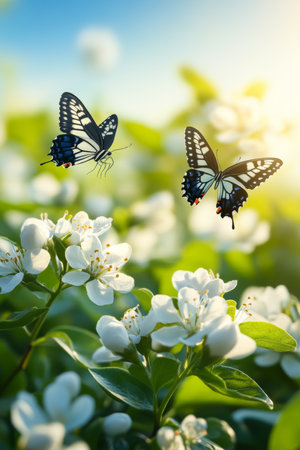 Springtime Harmony Butterflies Dance Among Fragrant Apple Blossoms in the Warm Sunlightの素材