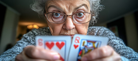 Close-Up, Senior Woman Plays Cards With Intense Concentration, Home Game, Retirement Funの素材