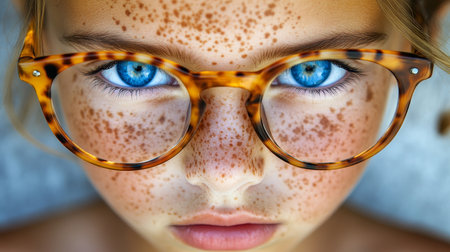 Expressive Gaze Through Stylish Frames A Close-Up Of Freckles And Bright Blue Eyesの素材