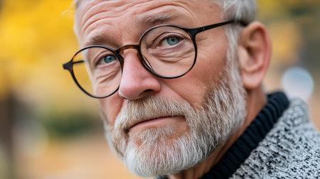 Close-up Portrait, Older Man with Glasses, Contemplative Expression, Soft Focus Backgroundの素材
