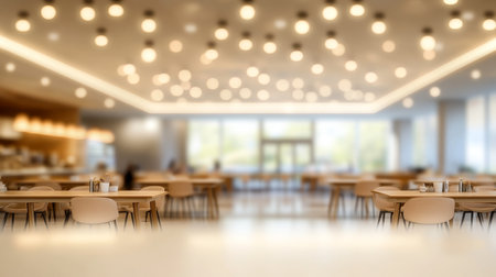Modern cafeteria with light wood furniture and atmospheric lighting. Blurred background.の素材