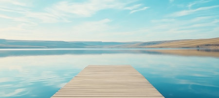 Serene Lake Retreat Wooden Dock Extending into Calm Blue Water with a Picturesque Mountain Vistaの素材