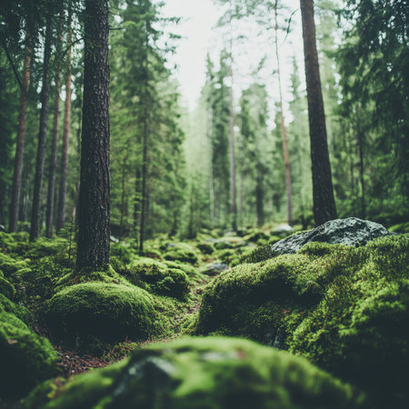 Tranquil Green Forest Sunlight Filtering Through Canopy, Mossy Rocks. Nature Background, Scenery.の素材