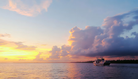 Purple Cloudscape at Sunset with Passenger Ship Sailing on Calm Ocean Water Towards Setting Sun.の素材