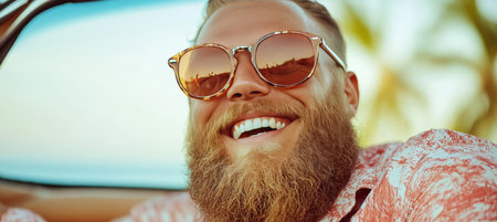 Portrait of Happy Smiling Handsome Redhead Man With Beard ,Stylish Sunglasses,Summer Vacationの素材