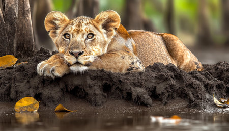 Serene Lion Cub Resting by a Waterhole, Captivating Wildlife Portraiture from the Jungleの素材