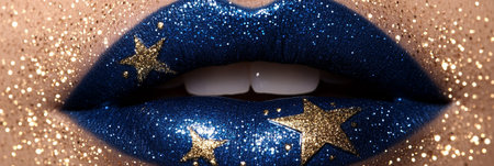 Close-up of Glamorous Blue Glitter Lips Adorned with Sparkling Gold Stars, Festive Makeup Lookの素材