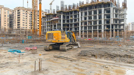 Excavator on a Construction Site Urban Development and New Building Project in Progress.の素材