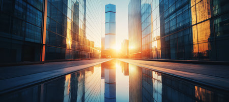Modern Cityscape Reflections on Glass Towers Business District Sunny Day Architectureの素材