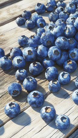 Ripe, Juicy Blueberries Scattered on Rustic Wood A Study in Blue Hues and Natural Texturesの素材