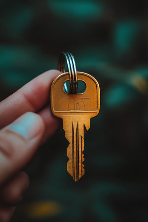 Hand Holding a Single, Brass House Key on a Ring, Against a Blurred, Moody Green Backgroundの素材