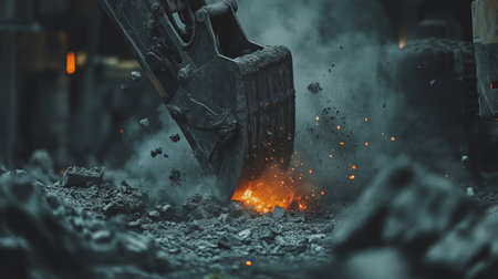 Demolition Fury Excavator Ripping Concrete Under Clouded Dust, Embracing Power of Constructionの素材