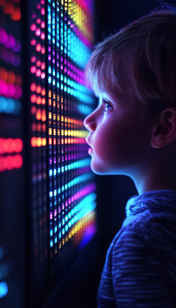 Curious Child Enchanted by Glowing Digital Display, Exploring the World of Technologyの素材