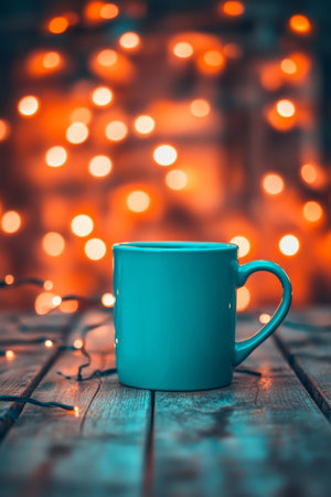 Teal Blue Coffee Mug on Rustic Wood Table With Sparkling Orange Bokeh Background, Cozy Atmosphereの素材
