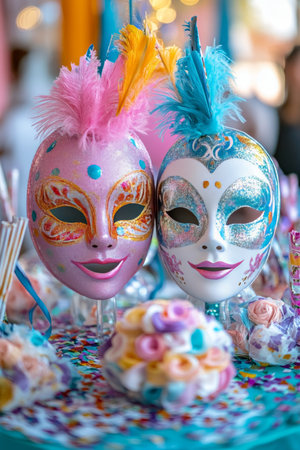 Carnival Celebration Festive Background with Colorful Masks, Beads, Confetti, and Decorationsの素材