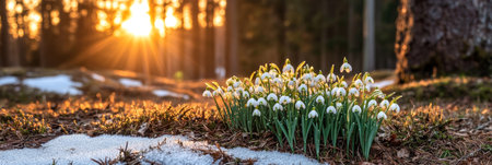 Spring Awakening Delicate Snowdrop Flowers Bloom in Snowy Forest Glade at Golden Hourの素材