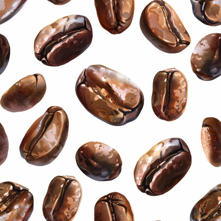 Roasted Coffee Beans Seamless Pattern Aromatic, Dark, and Delicious on White Backgroundの素材