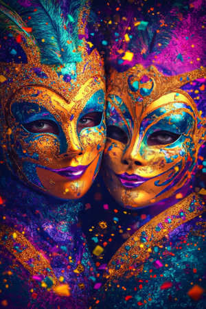 Venetian Carnival Romance Couple in Ornate, Feathered Masks Embraced Amidst a Burst of Confettiの素材