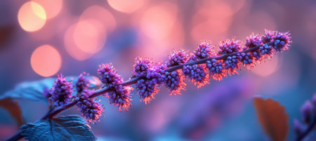 Close-Up, Soft Focus Purple Wildflowers Against Dreamy Bokeh Background During Golden Hourの素材
