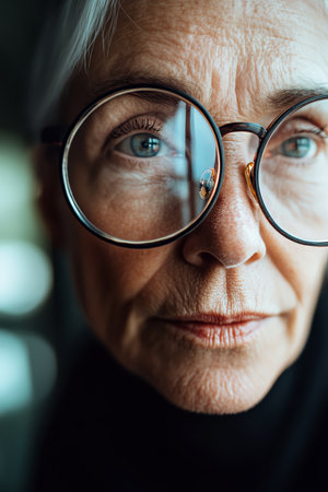 Close-Up Portrait of a Thoughtful Senior Woman with Glasses, Contemplative Expressionの素材