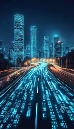 Agile Digital Transformation Data Flow On City Road Symbolizing Speed And Innovation.の素材