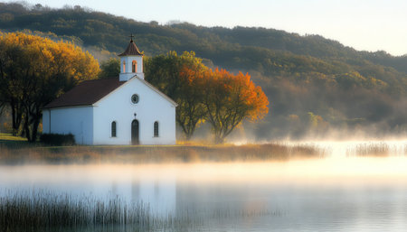 Serene Autumn Morning Tranquil White Church on a Misty Lake with a Mountain Forest Backgroundの素材
