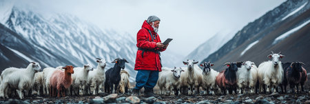 Senior Goatherd Using Digital Tablet, Modern Goat Farming In Picturesque Mountain Landscapeの素材