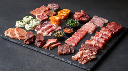 Variety of Dried Meat Jerky Assortment on Black Slate, High Resolution Food Photographyの素材