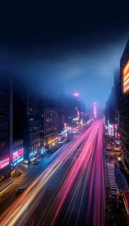 Cyberpunk Metropolis Nighttime Cityscape Long Exposure Traffic Light Trails and Urban Technology.の素材