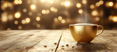 Golden Coffee Cup on Rustic Wooden Table with Warm, Festive Bokeh Lights Background for Christmasの素材