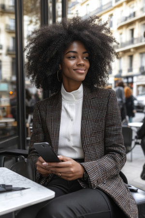 Stylish Young Woman Using Smartphone In Outdoor Cafe, Enjoying City Life And Connectivity.の素材