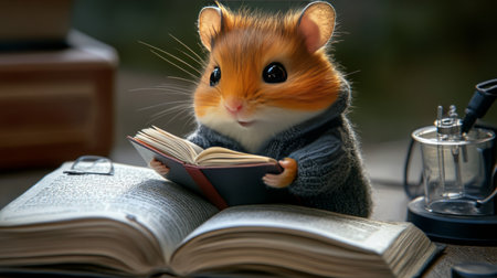 Adorable Hamster Reading a Book, Education and Literacy Concept, Rodent Scholar, Close Upの素材