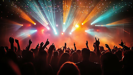 Crowd Silhouette, Illuminated Stage, Upraised Arms, Music Festival Excitement, Concert Atmosphereの素材