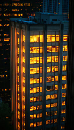 Urban Nightscape Modern Office Building Illuminated at Night, Downtown Business Centerの素材