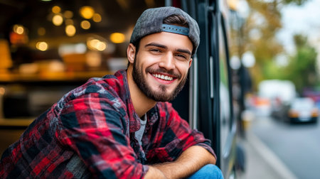 Portrait Of A Handsome Smiling Man With Stylish Beard And Backwards Cap, 20s, Cityscapeの素材
