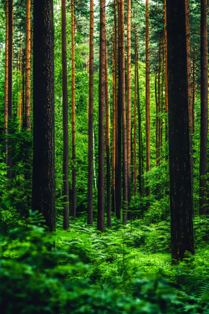 Enchanted Green Forest Majestic Tall Pine Trees With Lush Ferns Floor In Summer Dayの素材