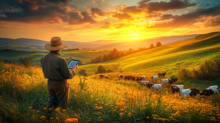 Farmer in Straw Hat Utilizing Tablet Technology for Cattle Management amidst a Golden Sunset Pastureの素材