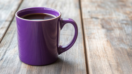 Purple Coffee Cup on Rustic Wooden Table, Steaming Aromatic Morning Beverage with Copy Space.の素材