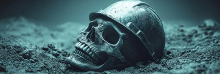 Forgotten Miner Weathered Skull and Hardhat Resting on Rock Pile, Symbolizing Industrial Perilの素材