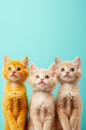 Three Adorable Kittens with Hopeful Expressions, Awaiting Adoption on Blue Backgroundの素材