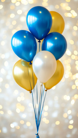 A Celebration of Blue and Yellow, Balloons in Gold and Blue with Sparkly Backgroundの素材
