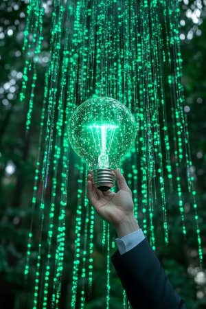Illuminating Innovation Businessman Holds Glowing Bulb Amidst Cascading Digital Data Streamの素材