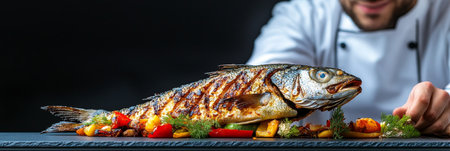 Close-up Of Chefs Hand Plating Grilled Fish With Herbs And Colorful Vegetables On Dark Backgroundの素材