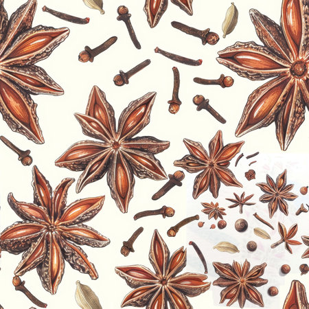 Seamless Pattern Whole Star Anise, Peppercorns, and Cardamom Pods on White Backgroundの素材