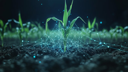 Maize Seedling in Field, Modern Agricultural Technology, Digital Farm, Smart Farming, Innovationの素材