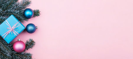 Christmas Decorations, Gift Box, Fir Branches On Pink Background. Xmas, New Year Holiday Compositionの素材