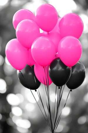 Pink and Black Balloons, Celebration Bouquet on a Blurred Background, Black and White, Bokeh Effectの素材