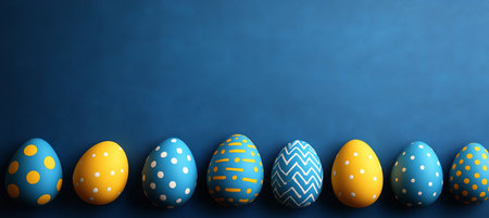 Row Of Blue And Yellow Easter Eggs With Patterns On Solid Blue Background With Copy Spaceの素材